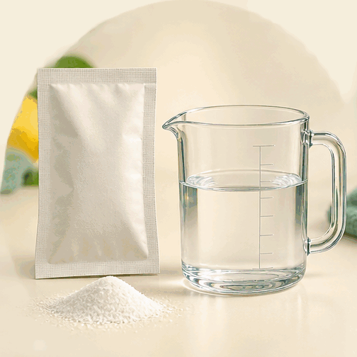 Powder mixed with water becoming rose floor cleaner in a tall capped bottle